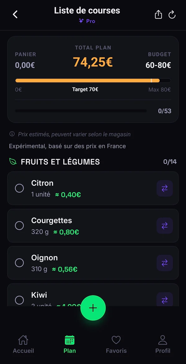 Sthenia : liste de courses avec quantités et prix estimés